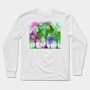 Colorful Green Coral Pink Abstract Trees Long Sleeve T-Shirt